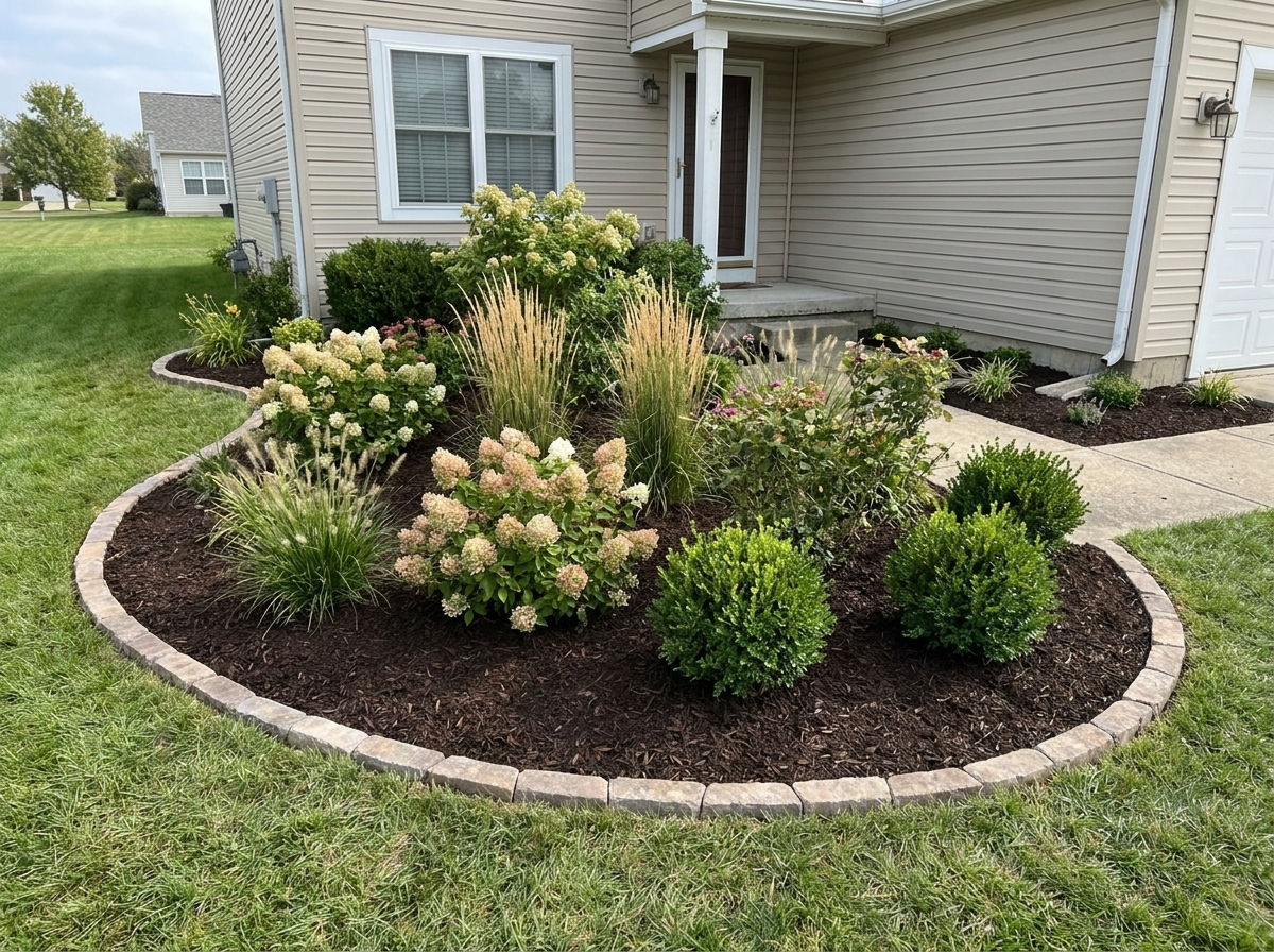 Same garden beds replanted and mulched after redesign