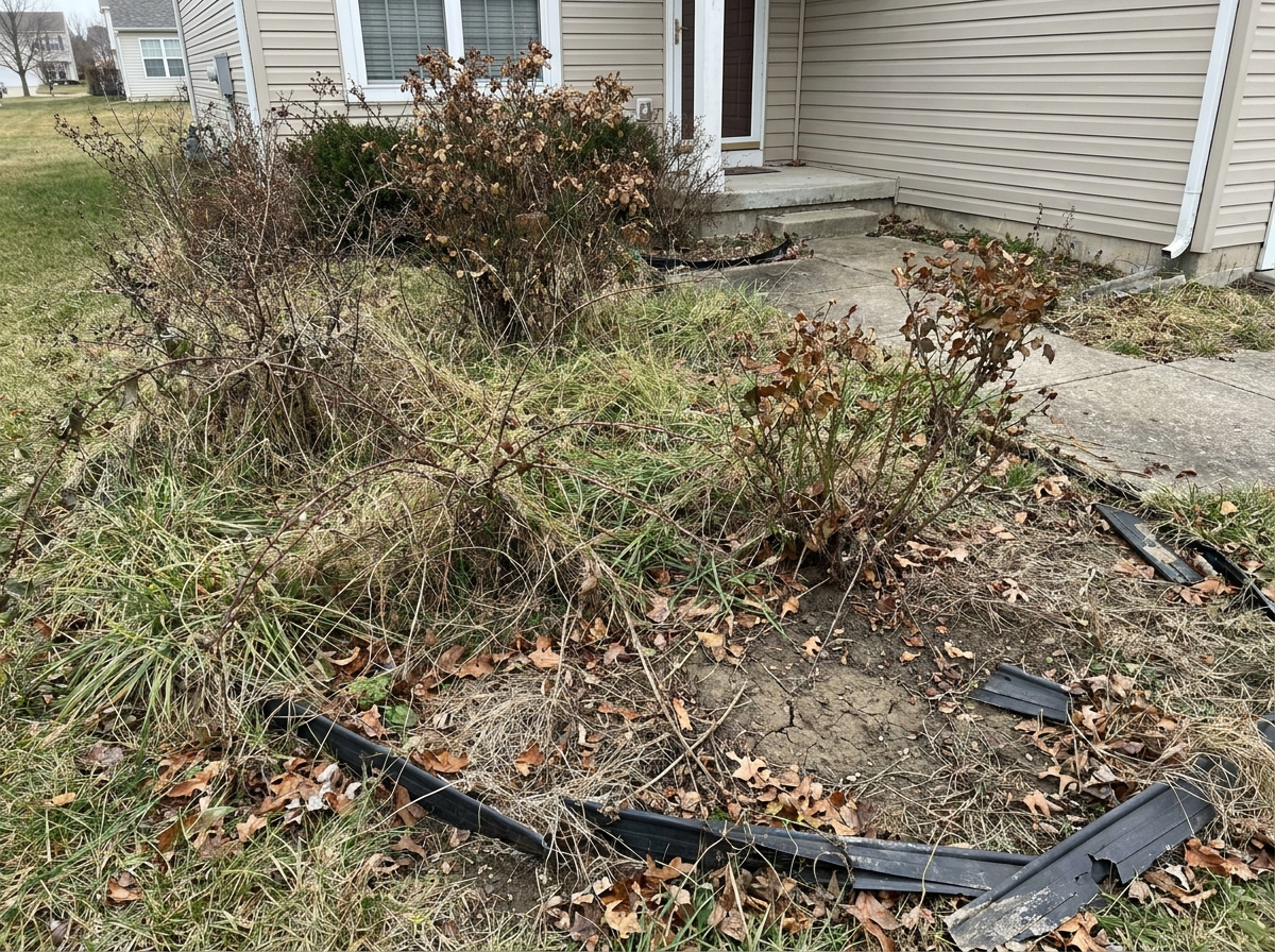 Overgrown garden beds before redesign
