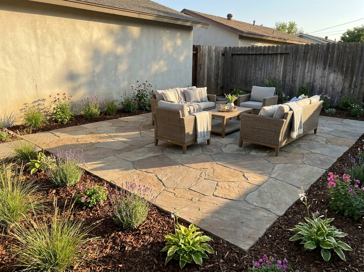 Same backyard with a finished paver patio